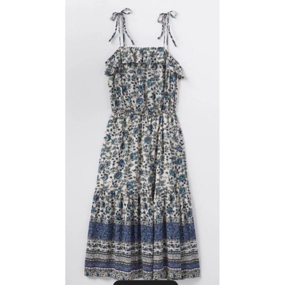 Good Hart Maisie M Midi Dress Floral Border Blue Sundress Boho Cottagecore Beach